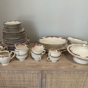 Elegant Federal Shape Syracuse China-Maroon Scrolls-Dinnerware Set (48 pieces)
